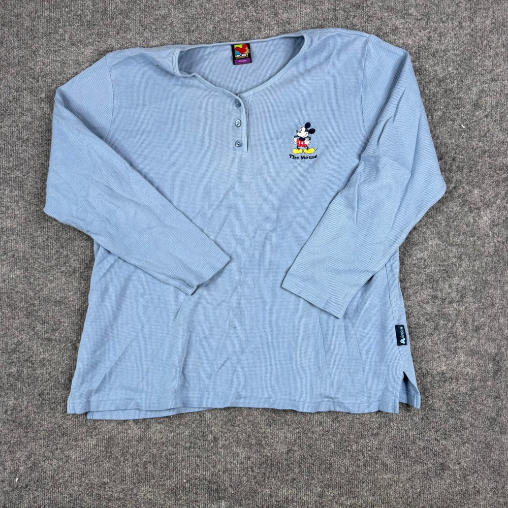 Mickey Unlimited Shirt Womens Size XL Blue Waffle Knit Henley Mickey Mouse Top